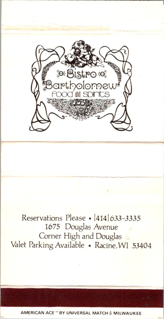 Bistro Bartholomew Food & Spirits Racine WI Vintage Matchbook Matchbox SMM21-3